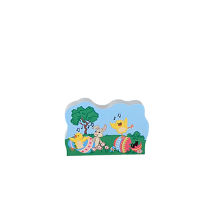 3/4" thick wooden replica with an illustration of a Easter sign with cartoon characters and Easter eggs on a white background