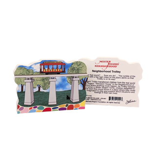 3/4" thick wooden cutout with trolley design and text from 'Mister Rogers' Neighborhood' on a white background