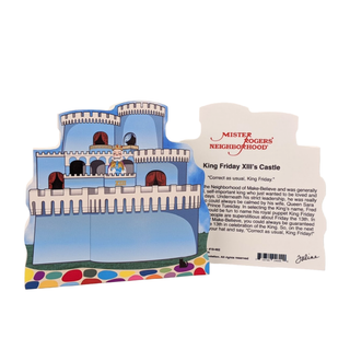 3/4" thick wooden cutout  of King Friday XIII's Castle from 'Mister Rogers' Neighborhood' with text and colorful base.