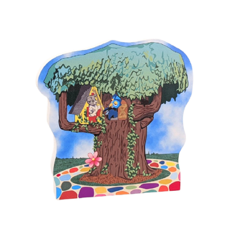 3/4" thick wooden cutout  of a treehouse with characters inside, on a white background