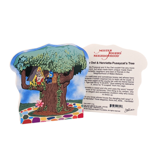 3/4" thick wooden cutout  with illustration of a treehouse and text from 'Mister Rogers' Neighborhood' on a white background