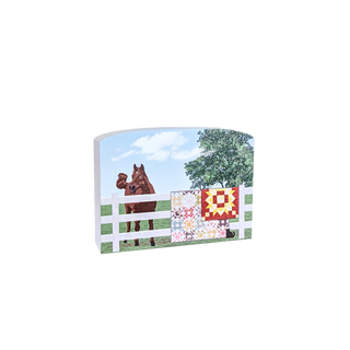 3/4" thick wooden illustration of a horse, fence, tree and quilt