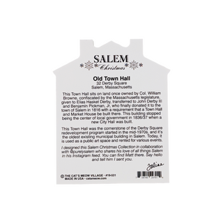 3/4" thick wooden building with text about Old Town Hall in Salem, Massachusetts.