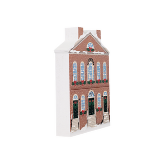 3/4" thick wooden Brick building with festive decorations on a white background