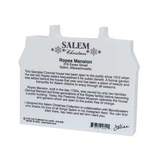 Back of a 3/4" thick wooden replica with text about Ropes Mansion in Salem, Massachusetts.