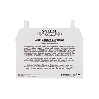 Back of a 3/4" thick wooden replica with text about Salem Christmas and Cabot-Endicott-Low House.