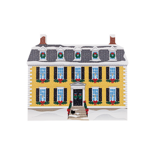 3/4" thick wooden Decorative house model with Christmas wreaths and ribbons on a white background