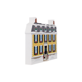 3/4" thick wooden Decorative house model with Christmas wreaths and ribbons on a white background