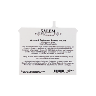 Back of a 3/4" thick wooden house model with text about Salem Christmas, featuring branding