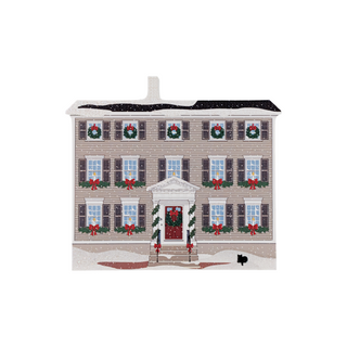 3/4" thick wooden Decorative house model with Christmas wreaths and bows on a white background