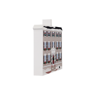 3/4" thick wooden Decorative house model with Christmas wreaths and bows on a white background