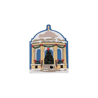 Decorative 3/4" thick wooden model with a gazebo and Christmas tree design on a white background