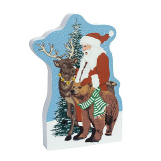 3/4" thick wooden replica with an Illustration of a Santa Claus, a reindeer, a bear, and a snowy tree on a white background.