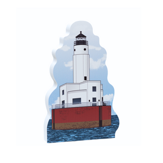 Lighthouse wooden replica with a white tower and red base on a blue water background