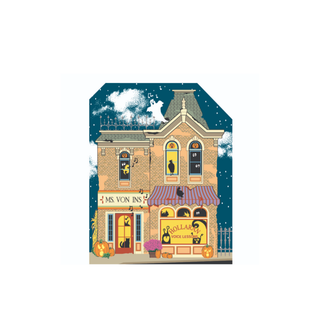 3/4" thick wooden Illustration of a Halloween-themed building with ghostly figures and pumpkins.