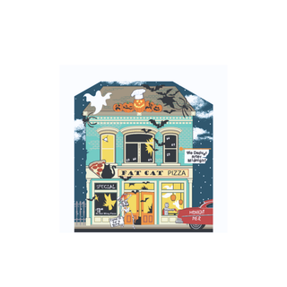 3/4" thick wooden Halloween-themed pizza restaurant with decorations and a red car.