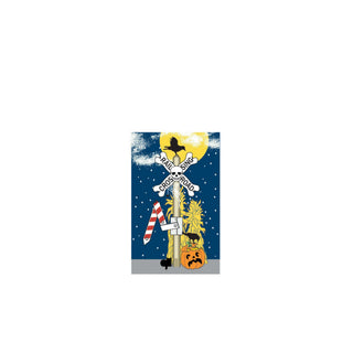 3/4" thick wooden Halloween-themed design with a railroad crossing sign, skull, and pumpkin against a blue night sky.