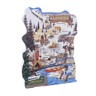 Map-shaped wooden replica  with Klondike Gold Rush theme 