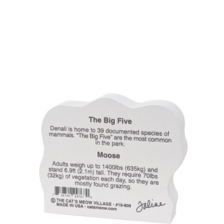 back of product with text about 'The Big Five' animals, specifically moose, on a white background.