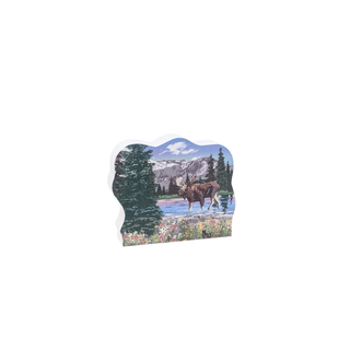 3/4" wooden replica with an illustration of a moose and mountain landscape design on a white background