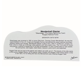 back of product with black text about the Mendenhall Glacier with text and coordinates on white background 