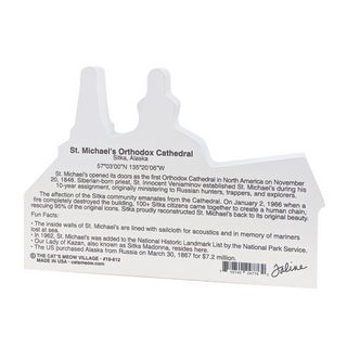 back of product with text about St. Michael's Orthodox Cathedral on a white background