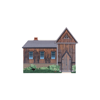 3/4" wooden replica with an illustration Wooden cabin with a triangular roof and small porch on a white background