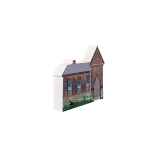 3/4" wooden replica with an illustration of a wooden building with a gray roof on a white background