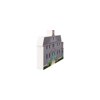 3/4" wooden replica with an illustration of a house with a gray roof and blue door on a white background