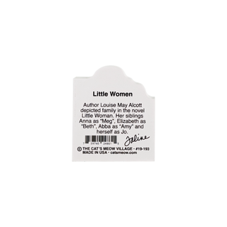 back of wooden replica for 'Little Women' with text about the author and characters on a white background