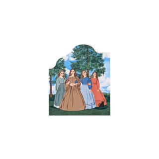 3/4" wooden replica with an illustration of four women in vintage dresses standing in a park with trees and grass.