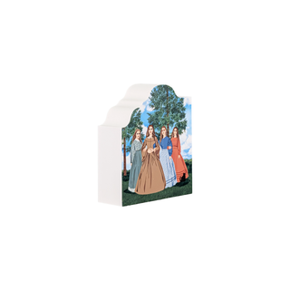 3/4" wooden replica with an illustration of four women in vintage dresses standing outdoors.