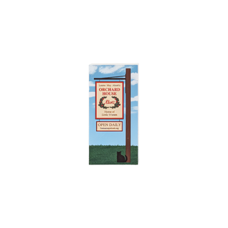 3/4" wooden replica with an illustration of a  sign for 'Orchard House' with a blue sky and green grass background