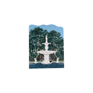 3/4" wooden replica with an illustration of a marble fountain with statues against a scenic background
