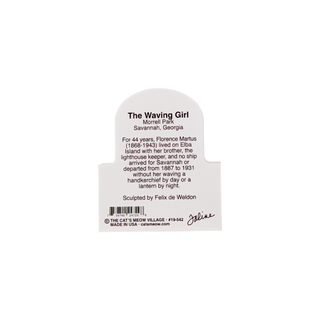 Back of product with black text about 'The Waving Girl' with text and branding.