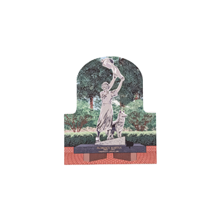 3/4" wooden replica with an illustration of a Statue of a woman with a dog in a park setting on a decorative card.