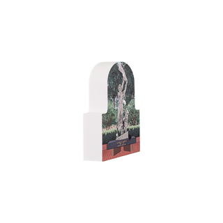3/4" wooden replica with an illustration of a Memorial plaque with a statue of a person on a white background