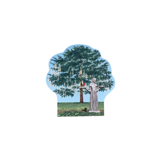 3/4" wooden replica with an illustration of a woman by a tree with birds, on a white background