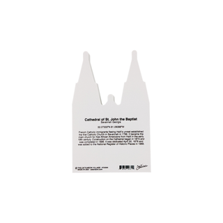 back of product with black text about the cathedral of st. john the baptist 