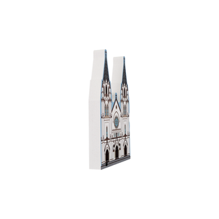 3/4" wooden replica with an illustration of a cathedral design on a white background