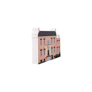 3/4" wooden replica with an illustration of a pink building on a white background