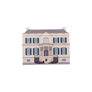 3/4" wooden replica with an illustration of a large house with green shutters on a white background