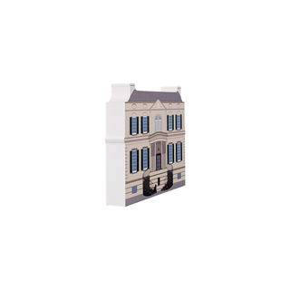3/4" wooden replica with an illustration of a building with a white base and detailed facade on a white background