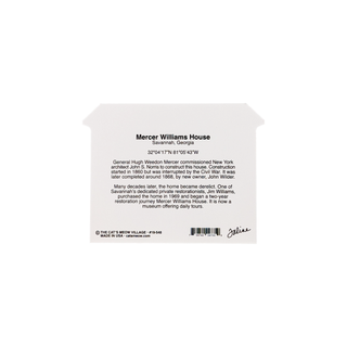 Back of product with text about Mercer Williams House on a white background