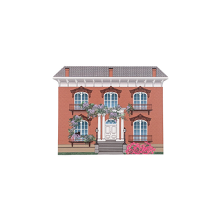 3/4" wooden replica with an illustration of a two-story house with decorative elements on a white background