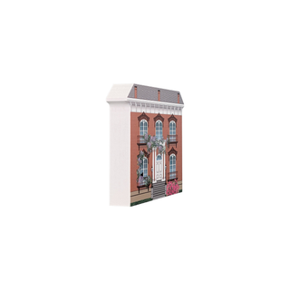 3/4" wooden replica with an illustration of a two-story house with a white front and red brick sides on a white background