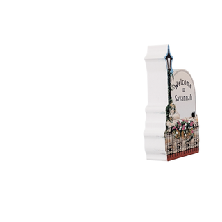 Decorative sign with 'Welcome to Savannah' text on a white background