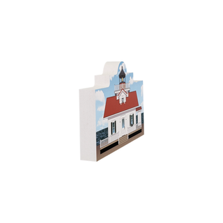 3/4" wooden replica with an illustration of a white lighthouse with a red roof