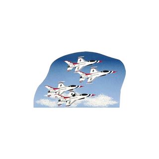 3/4" thick wooden  model of Four fighter jets in formation against a blue sky with white clouds
