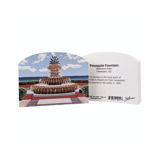 3/4" thick wooden illustration of a fountain and a back model with black text on white background